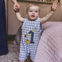 Baby Boy’s First Birthday Romper – Blue Gingham Cotton, thumbnail 1 of 12