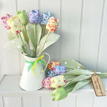 Cotton Tulips Flowers In Tin Zinc Jug With Engraved Tag, 7 of 7