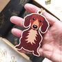 Dachshund Dog Wooden Keyring With Optional Christmas Card, thumbnail 1 of 8