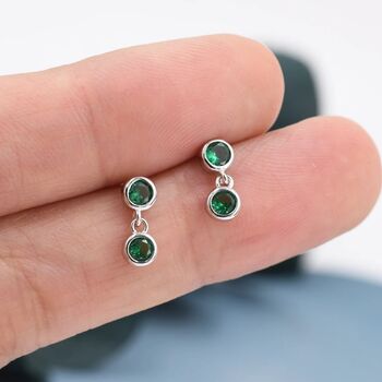 Emerald Green Double Cz Dangle Stud Earrings, 2 of 11