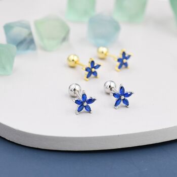 Sapphire Blue Cz Flower Screw Back Earrings, 2 of 11