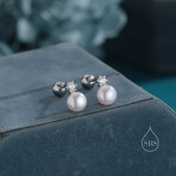 Genuine Pearl And Cz Stud Earrings In Sterling Silver, 7 of 12