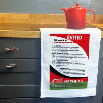 Years Of Being A Red Devil Tea Towel Birthday Gift For Manchester United Fan, 6 of 8