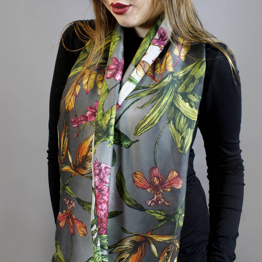 Tropical Botanical Print Long Silk Scarf By Terrarium Designs