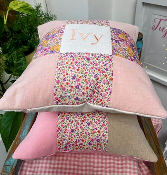 Peachy Pink Patchwork Name Cushion, 2 of 6