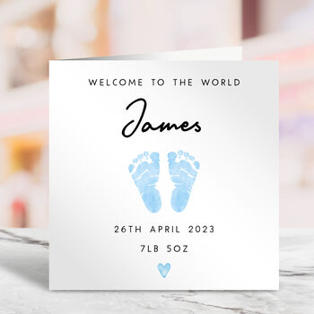 Personalised New Baby Boy Footprints Card, 2 of 2