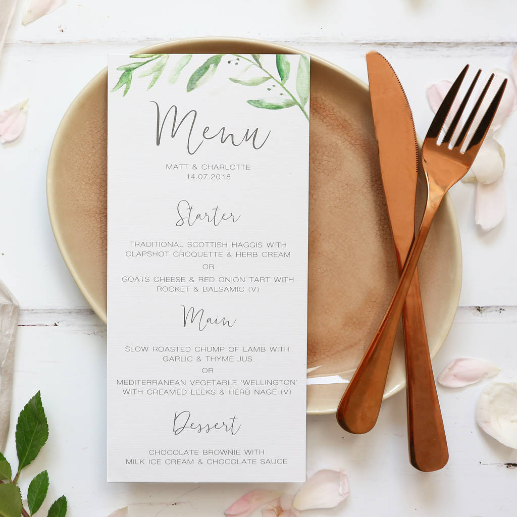 botanical wedding menu by eliza may prints | notonthehighstreet.com