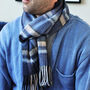 Men's Blue Check Wool And Cashmere Blend Scarf, thumbnail 2 of 12