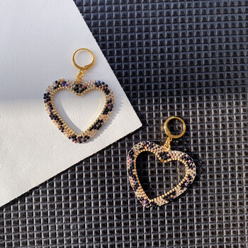 Hand Beaded Leopard Print Heart Hoop Earrings, 3 of 7