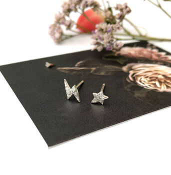 Sterling Silver Mini Textured Lightning Bolt And Star Mismatched Christmas Earrings, 3 of 11