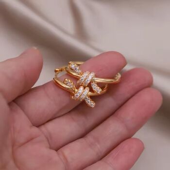 Monaco D’or Gold Pavé Bow Ribbon Hoop Charm Gift Earrings, 2 of 3
