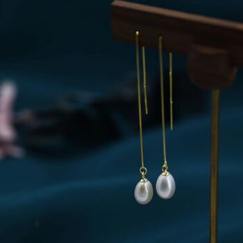 Genuine Pearl Threader Earrings In Sterling Silver, 8 of 11
