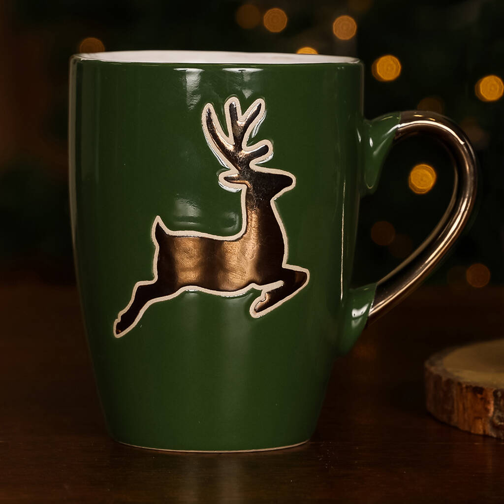 Set Of Four Forest Green Reindeer Mugs By Dibor