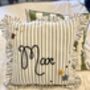 Hand Embroidered Personalised Cushion Blue Stripe With Frill Trim, thumbnail 7 of 8