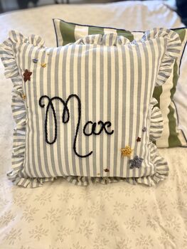 Hand Embroidered Personalised Cushion Blue Stripe With Frill Trim, 7 of 8