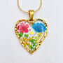 Real Blue Red Yellow Flowers Heart Pendant Necklace Hand Made, thumbnail 1 of 9