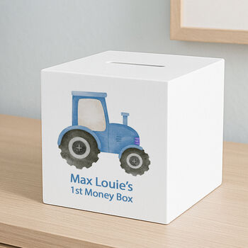 Personalised Blue Tractor Baby's First Wooden Money Box, 3 of 3