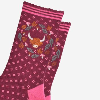 Women's Bamboo Socks Burgundy Highland Cow Wreath, 3 of 5