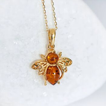 18ct Gold Plated Baltic Amber Bee Necklace, 2 of 12