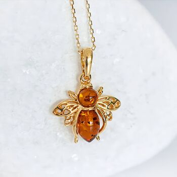 Yellow Gold Plated Baltic Amber Bumble Bee Necklace, 2 of 10