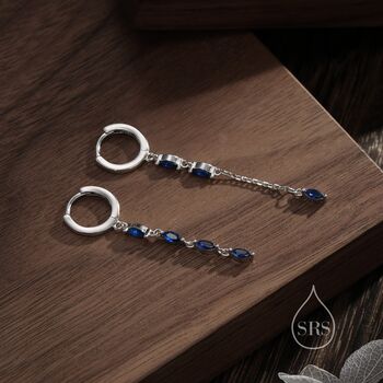Asymmetric Sapphire Blue Cz Dangle Huggie Hoop Earrings, 2 of 11