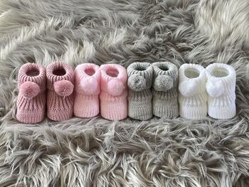 Pink Knitted Baby Booties With Pom Pom, 2 of 8
