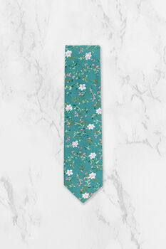 Wedding Handmade 100% Cotton Floral Print Tie In Teal, 3 of 5