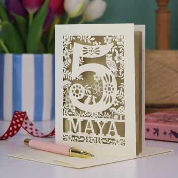 Personalised 5th Birthday Card Papercut Woodland Design, 3 of 7