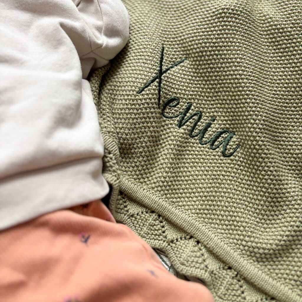 Personalised Knitted Baby Blanket Sage Green, 1 of 9