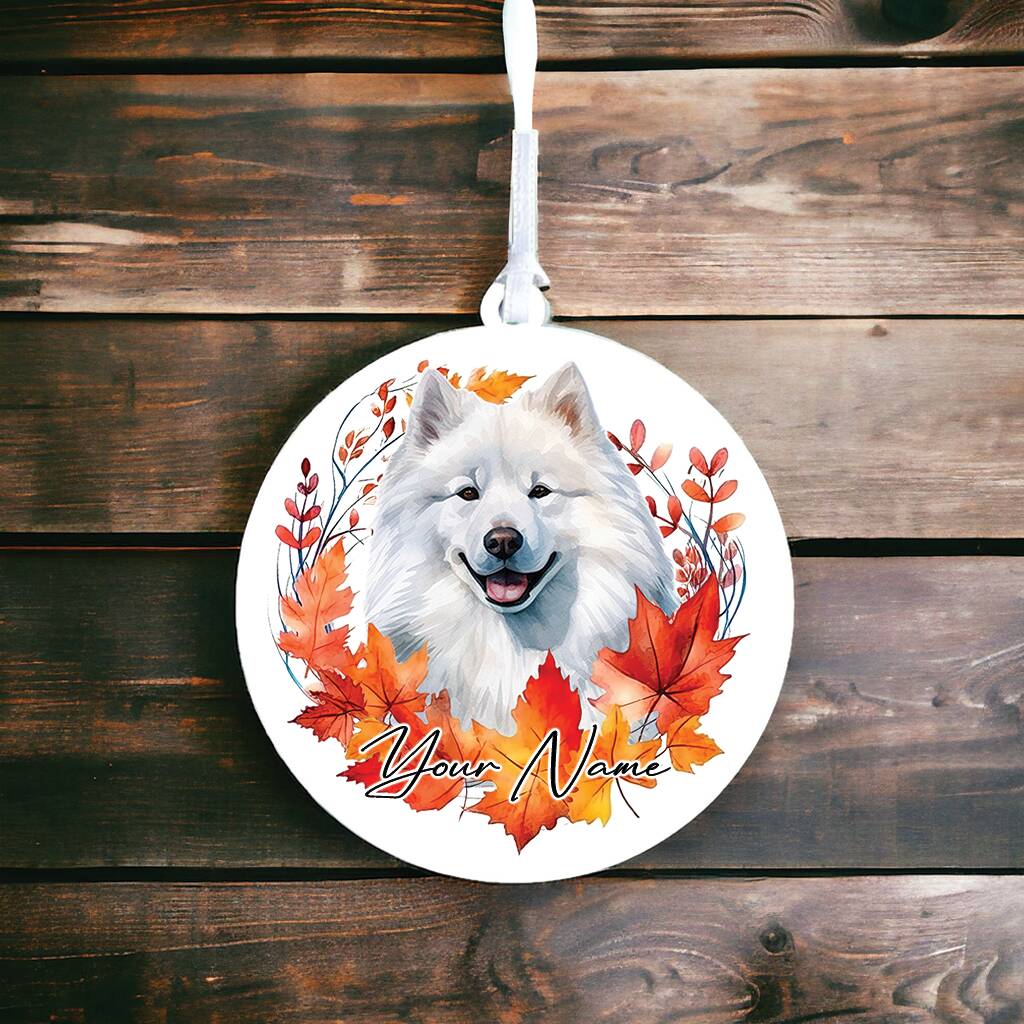 Personalised Dog Autumn Samoyed Wreath Hanging Decoration