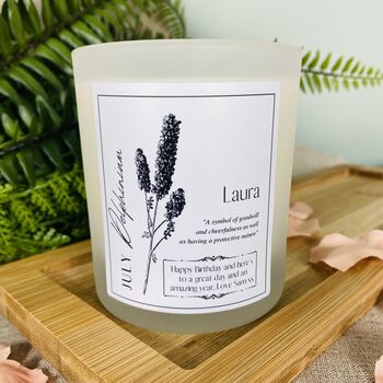 July Delphinium Birth Flower Personalised Candle, 3 of 11