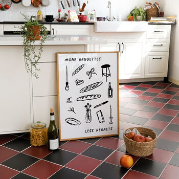 More Baguettes Less Regrets Funny Kitchen Doodle Print, 7 of 7