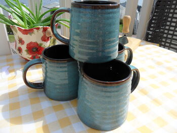 Set Of Four Reactive Glaze Brûlée Mugs In Lagoon Blue And Dark Chocolate, 6 of 7