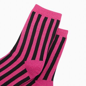 Women's Glitter Socks Hot Pink Black Stripes, 2 of 4