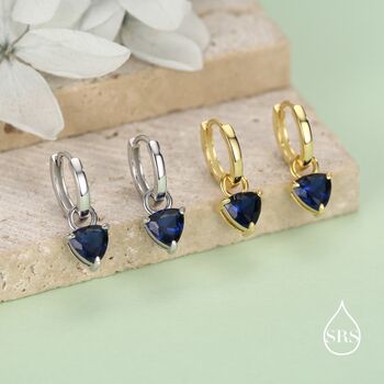 Sterling Silver Sapphire Blue Trillion Cut Cz Hoop Earrings, 4 of 11