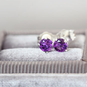 Purple Amethyst Stud Earrings In Silver Or Gold, 9 of 12