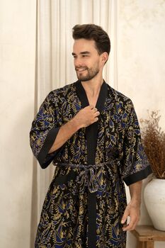 Men's Navy And Gold Batik Kimono Robe, 5 of 8