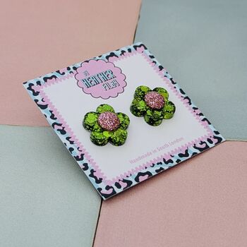Flower Glitter Resin Stud Earrings Silver, Green And Blue, 9 of 12