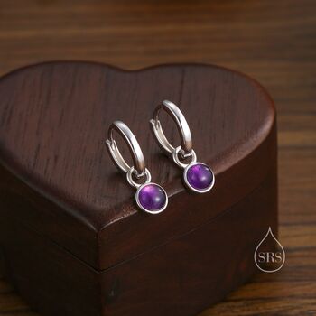 Sterling Silver Dangling Genuine Amethyst Hoop Earrings, 2 of 12