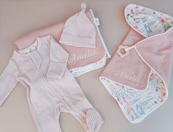Personalised New Baby Gift Set, Handmade Newborn Blanket And Comforter With Wooden Teether, 8 of 8