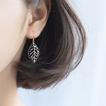 Sterling Silver Minimalist Leaf Dangle Earrings, 2 of 4