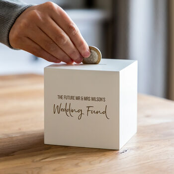 Personalised Wedding Fund White Money Box Engagement Gift, 2 of 5