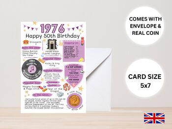 50th Birthday Card With 1976 Coin And Envelope Choose Your Colour, 3 of 3