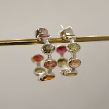 Pink Green Tourmaline Silver Hoop Earrings, 2 of 12