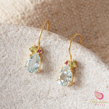 White Pearl, Blue Topaz And Pink Tourmaline Cluster Hook Earrings, 4 of 8