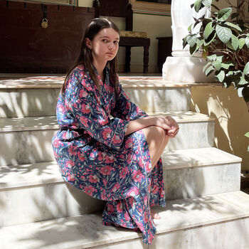 Navy And Pink Flower Block Print 100% Cotton Dressing Gown Kimono, 3 of 7