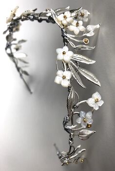 The Ostara Crown Gold Silver Shell Mother Of Pearl Floral Hair Vine Bridal Headpiece, 12 of 12