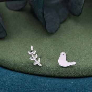 Mismatched Peace Dove Bird Olive Branch Stud Earrings, 5 of 9