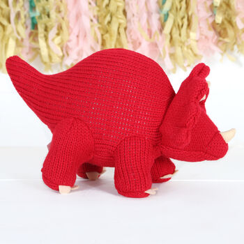 Red Knitted Triceratops Dinosaur Soft Toy, 3 of 4