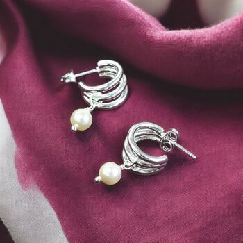 Silver Plated Triple Hoop Pearl Earrings, 3 of 6